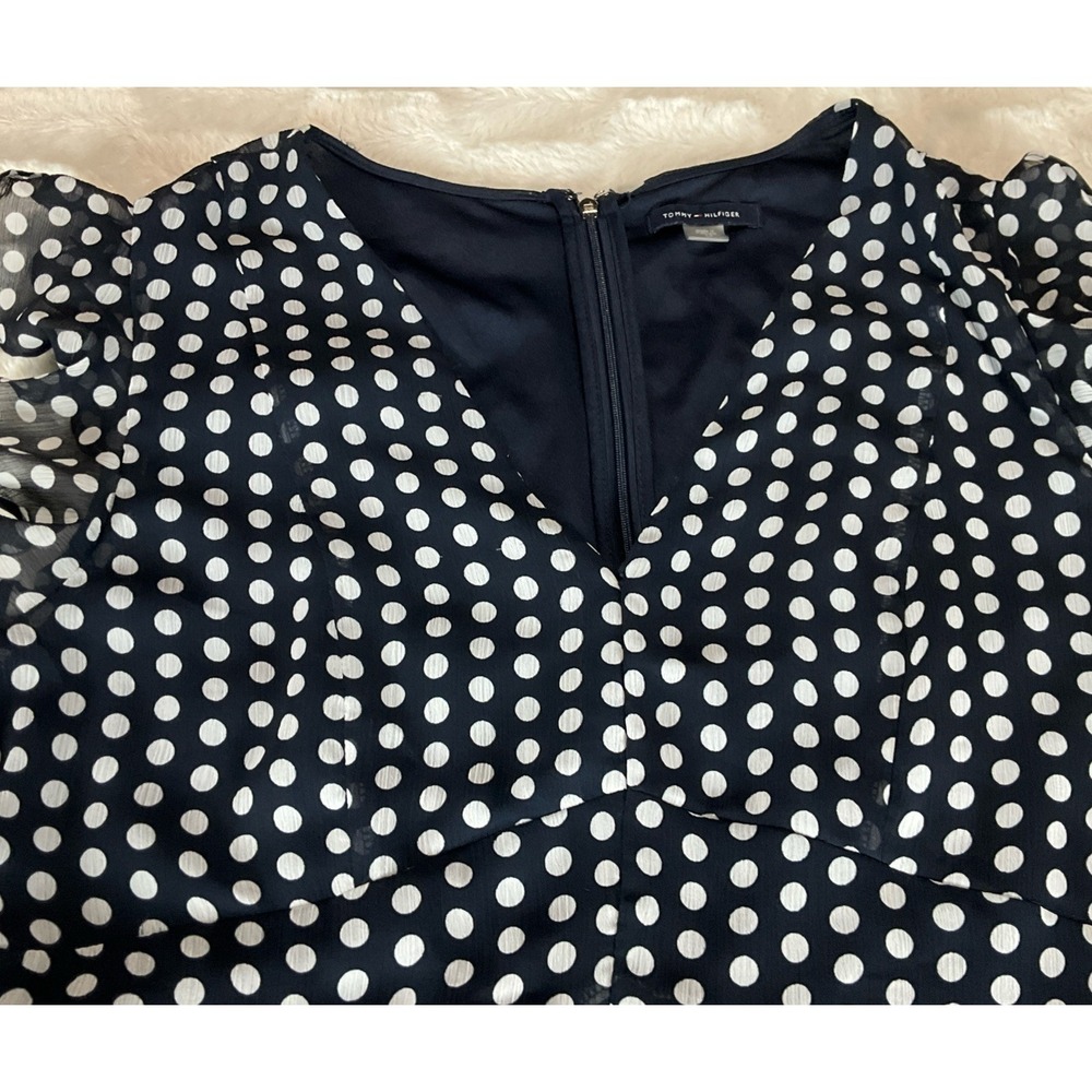 TOMMY HILFIGER Women's Size 14 Navy & White Polka Dot Chiffon High Low Dress - Picture 6 of 15